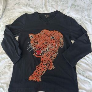 Black Long-Sleeve Tee with Orange Leopard Graphic